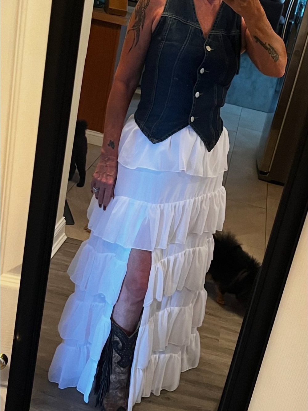 Boho White Tiered Ruffle Maxi Skirt with Side Slit - Picture 2 of 6